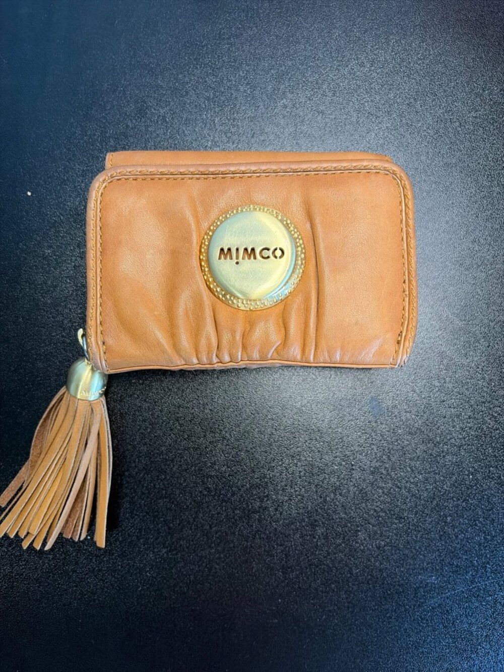 Mimco Tan Leather Wallet Card Holder Coin Purse Tassel Zip Around